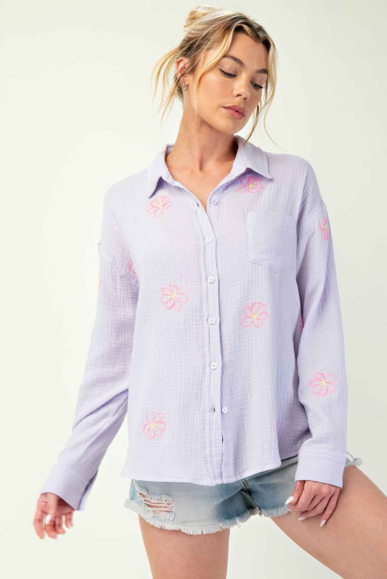 New Arrival – Embo detailed cotton gauze button down shirt – New Arrival Now Live