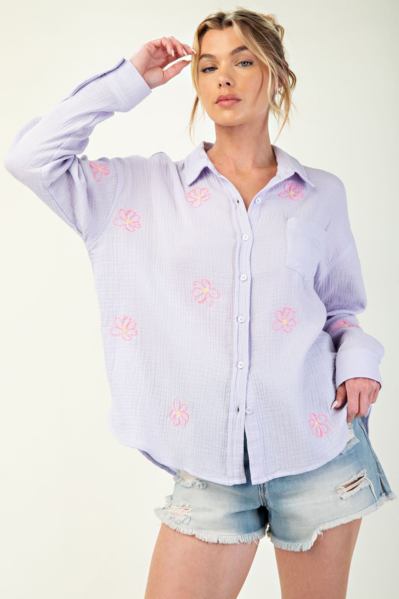 Embo detailed cotton gauze button down shirt-Product Type | Naughty Smile Fashion
