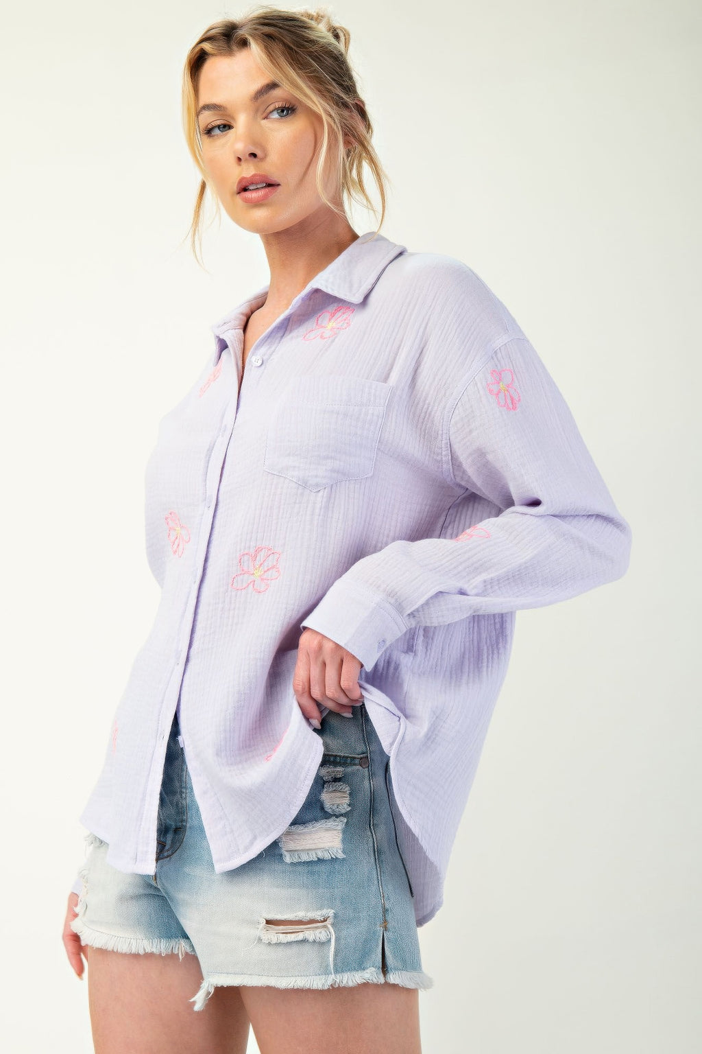 Embo detailed cotton gauze button down shirt-Product Type | Naughty Smile Fashion