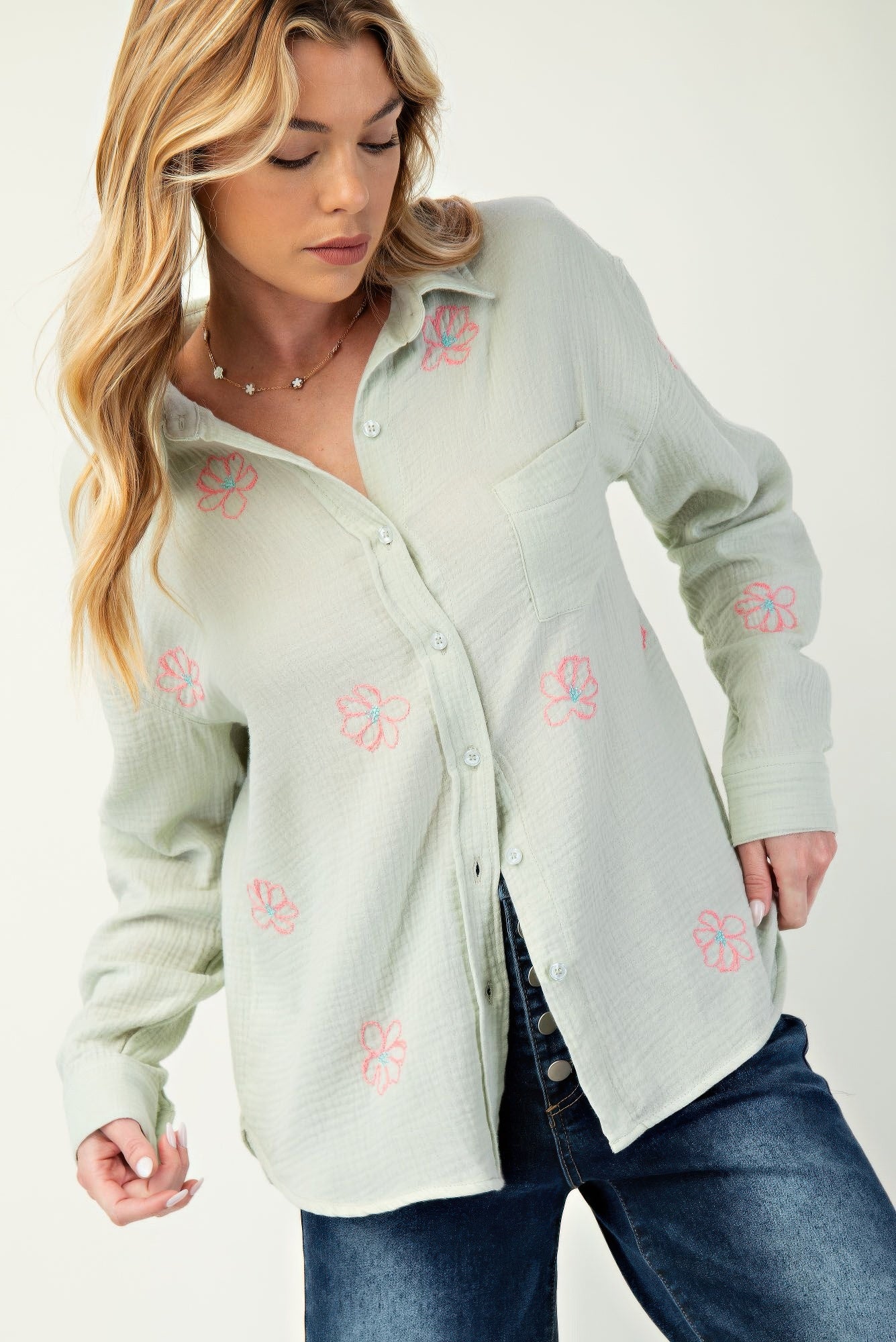 Embo detailed cotton gauze button down shirt-Product Type | Naughty Smile Fashion