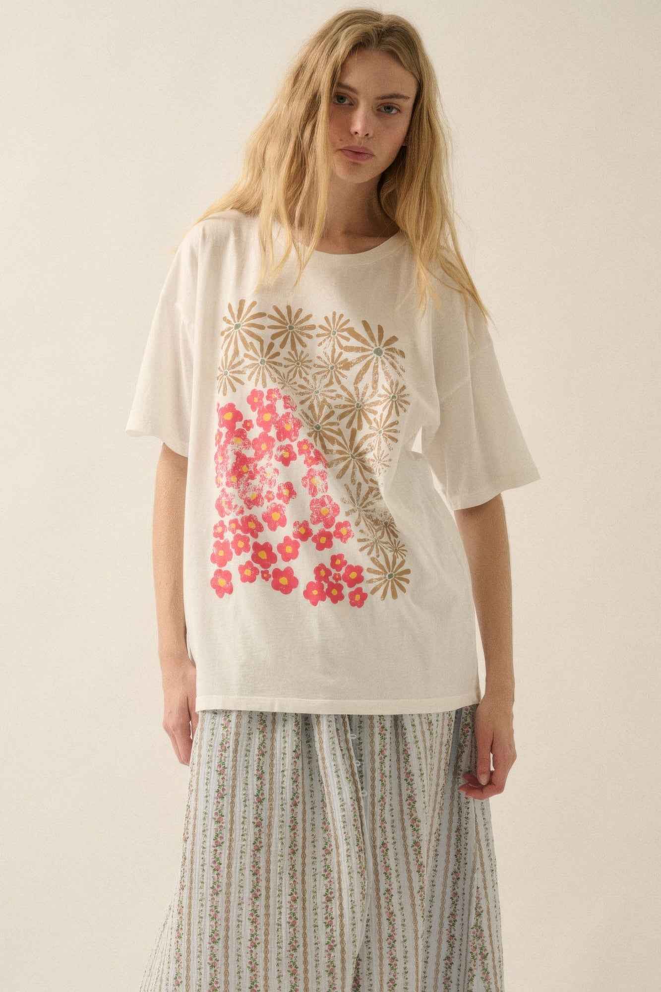 New Arrival – Duo flowers vintage-wash oversized graphic tee – New Arrival Now Live