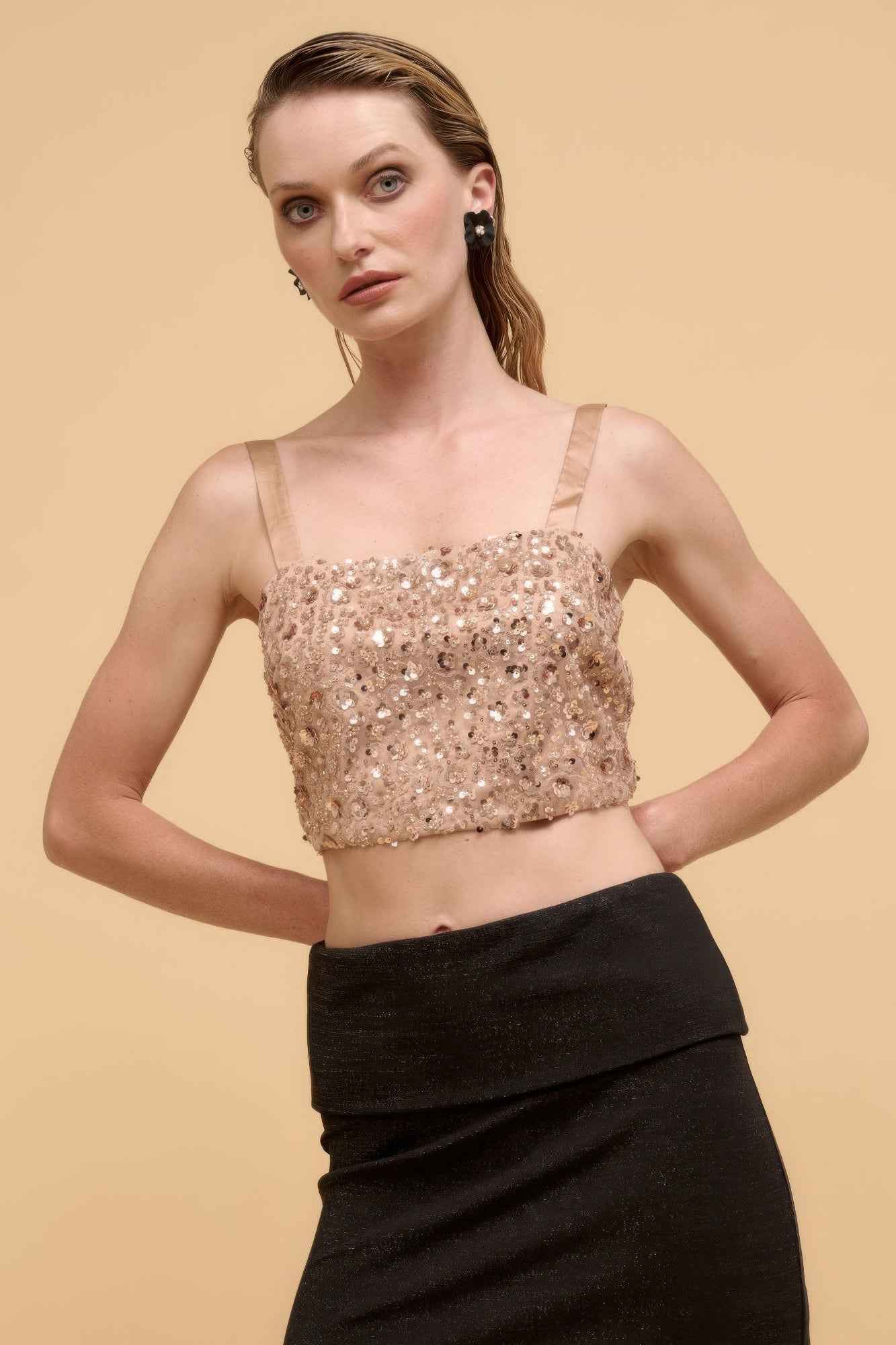 New Arrival – Floral sequins straight neck crop top – New Arrival Now Live