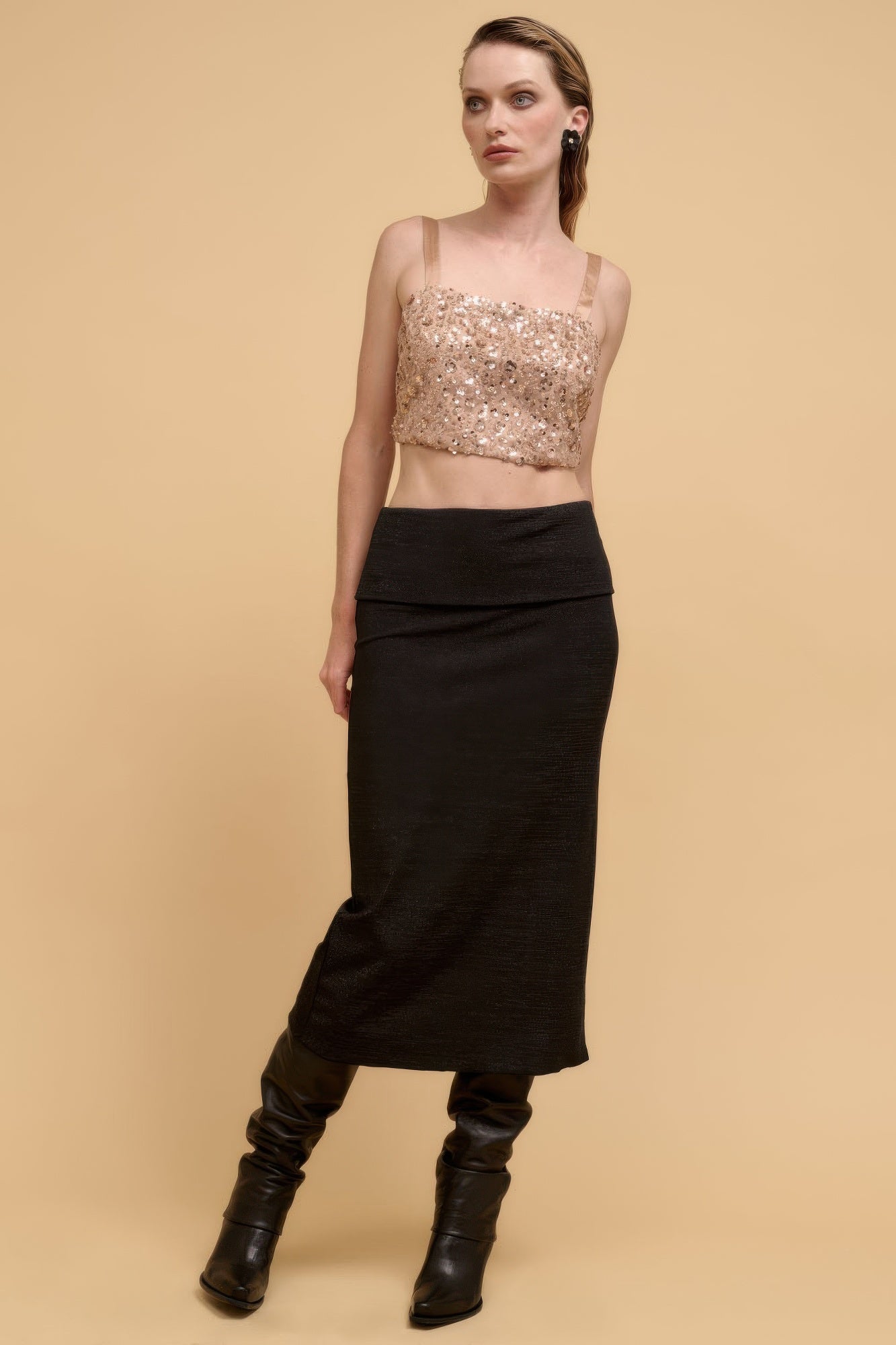 Floral sequins straight neck crop top-Product Type | Naughty Smile Fashion