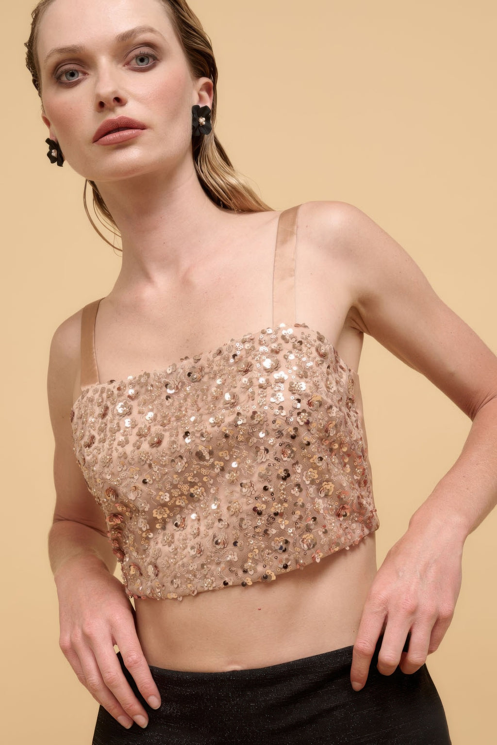 Floral sequins straight neck crop top-Product Type | Naughty Smile Fashion