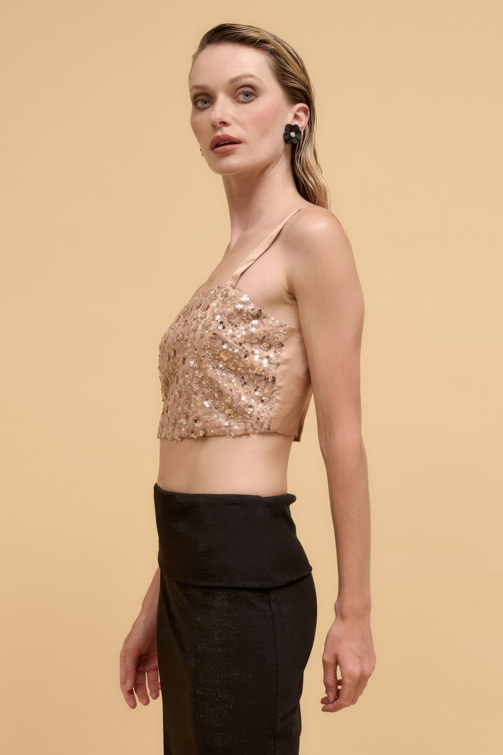 Floral sequins straight neck crop top-Product Type | Naughty Smile Fashion