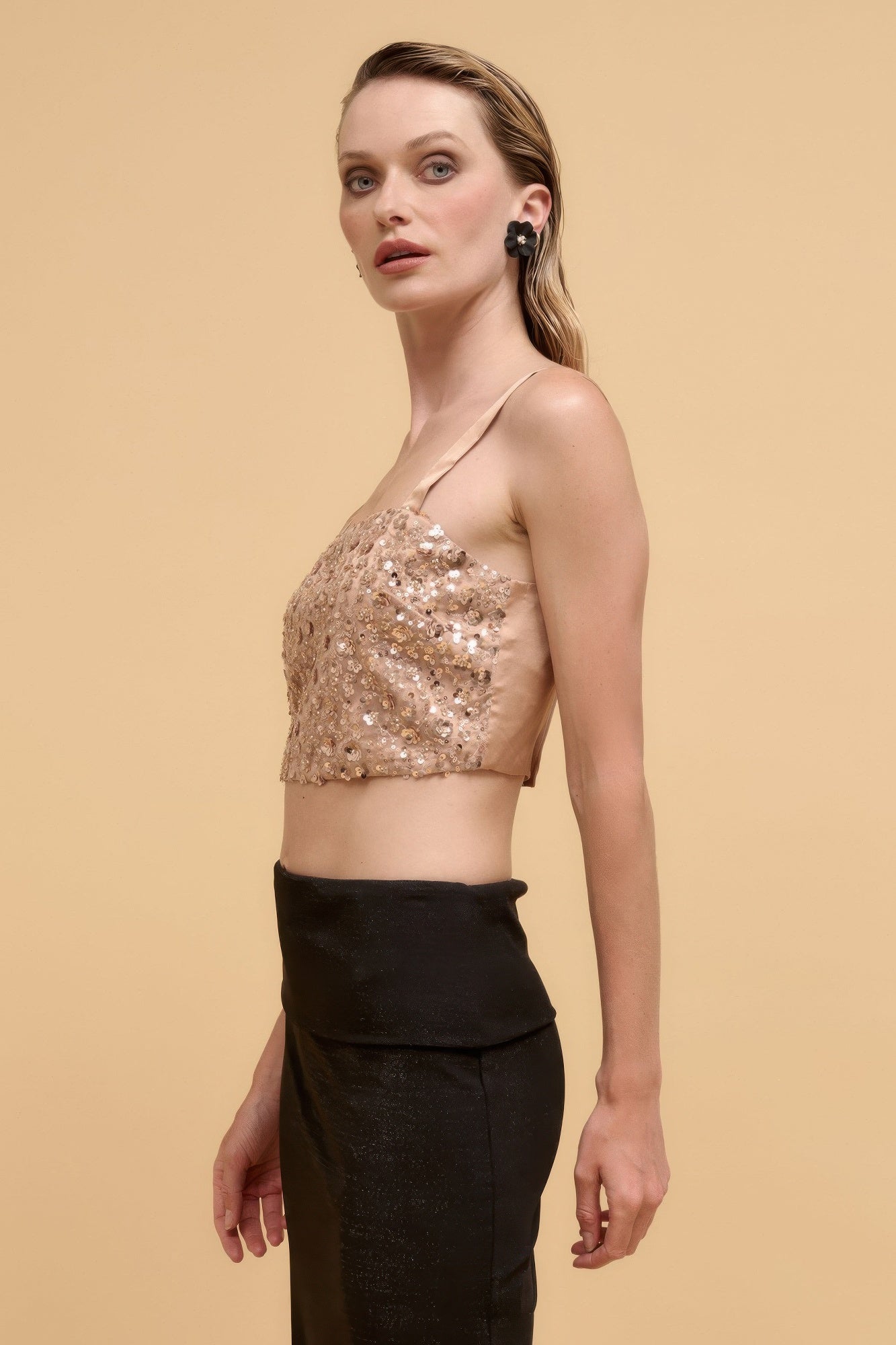 Floral sequins straight neck crop top-Product Type | Naughty Smile Fashion