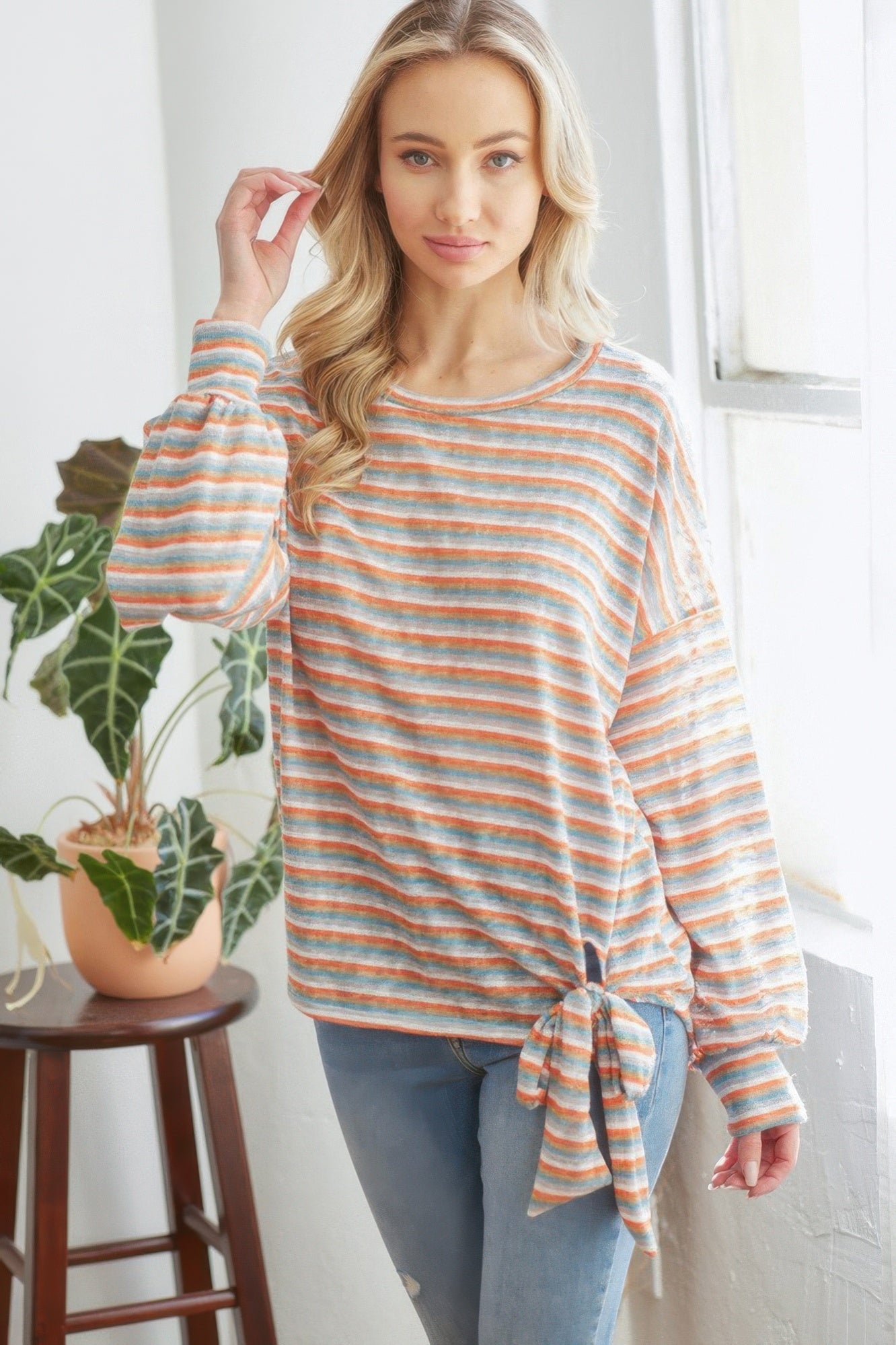 Striped Longsleeve Top With Ribbon-Product Type | Naughty Smile Fashion