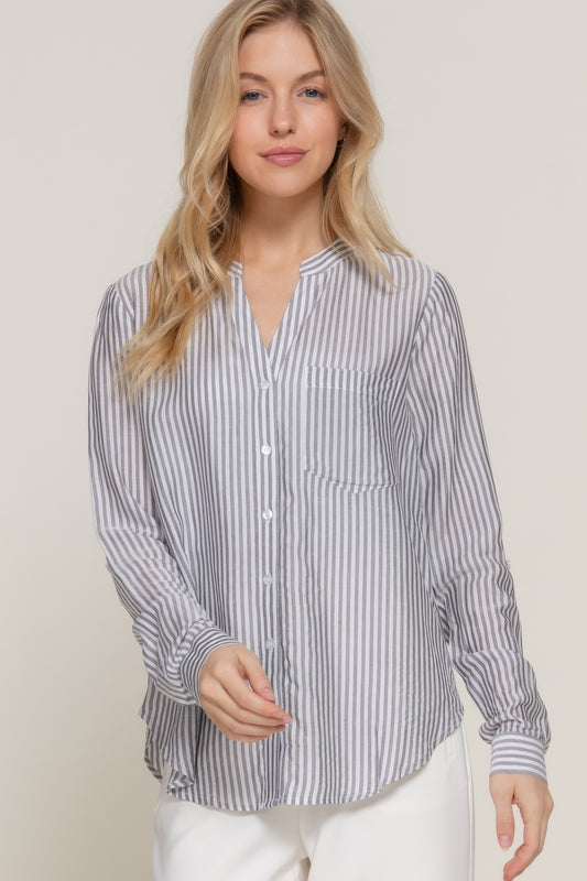 New Arrival – Long Slv Split Round Neck Stripe Woven Shirt – New Arrival Now Live