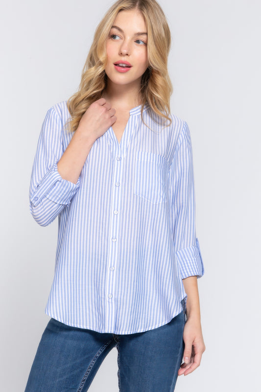 New Arrival – Long Slv Split Round Neck Stripe Woven Shirt – New Arrival Now Live