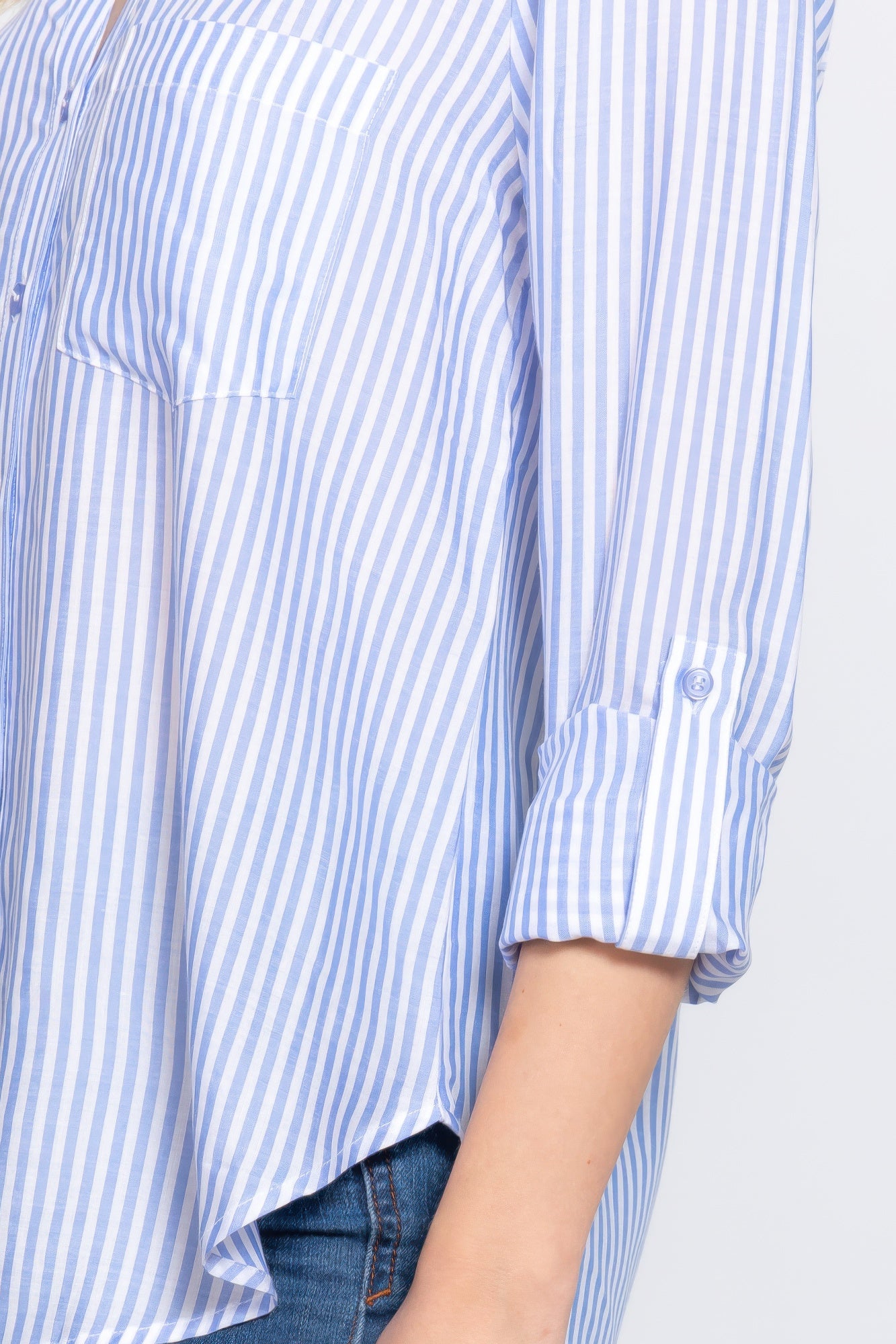 Long Slv Split Round Neck Stripe Woven Shirt-Product Type | Naughty Smile Fashion