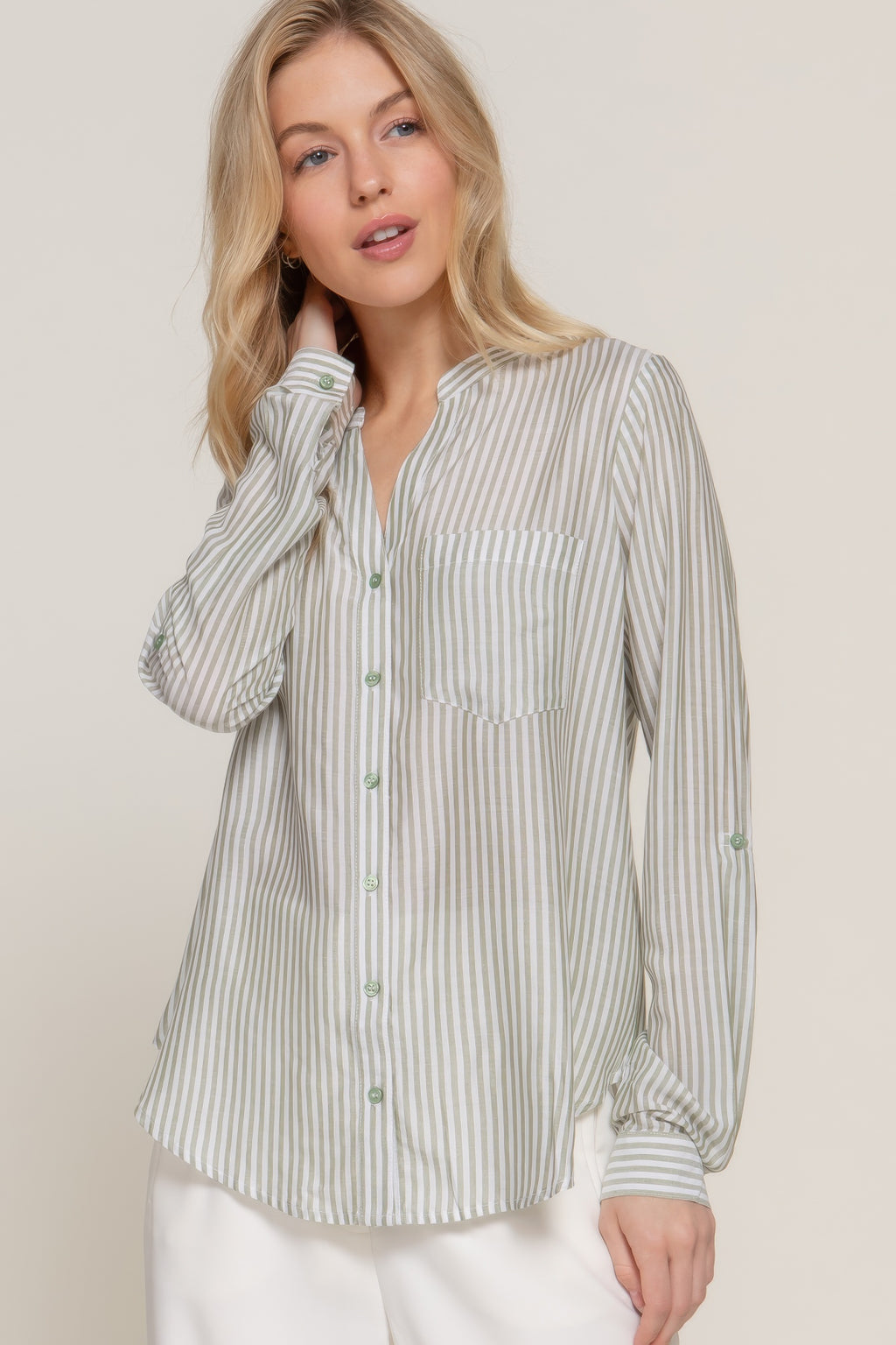 Long Slv Split Round Neck Stripe Woven Shirt-Product Type | Naughty Smile Fashion