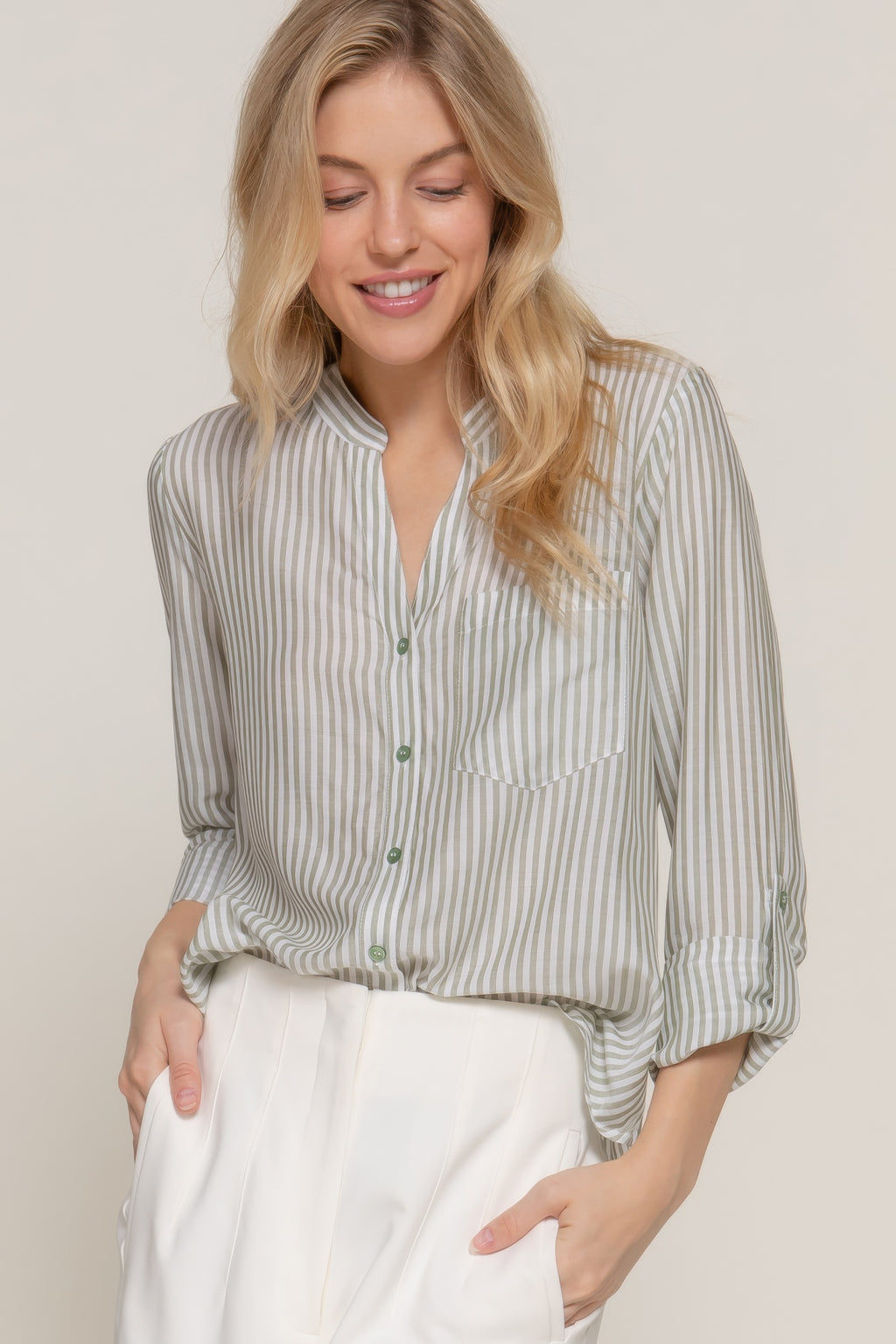 Long Slv Split Round Neck Stripe Woven Shirt-Product Type | Naughty Smile Fashion