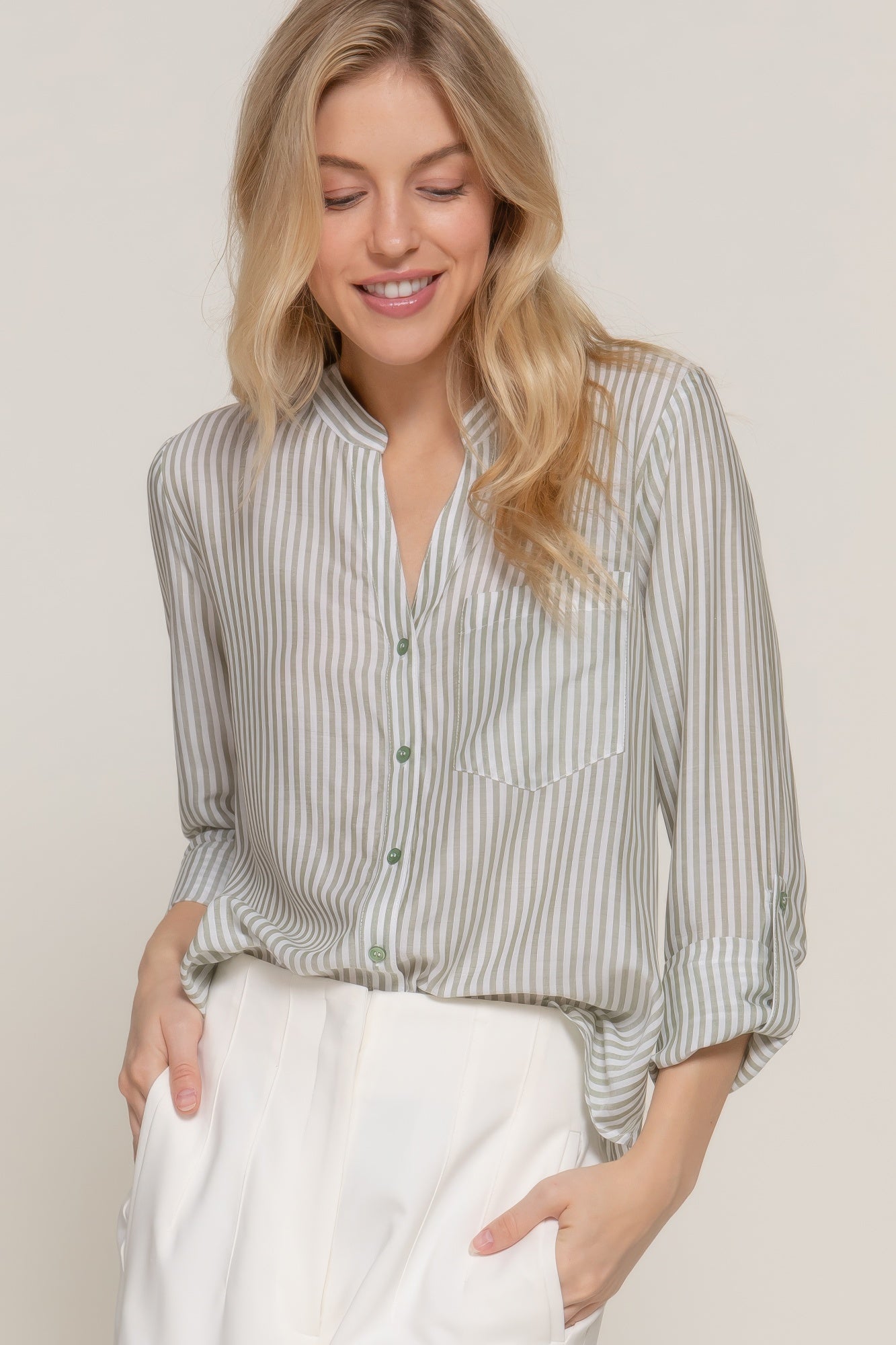 Long Slv Split Round Neck Stripe Woven Shirt-Product Type | Naughty Smile Fashion