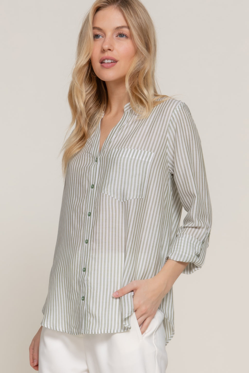 Long Slv Split Round Neck Stripe Woven Shirt-Product Type | Naughty Smile Fashion