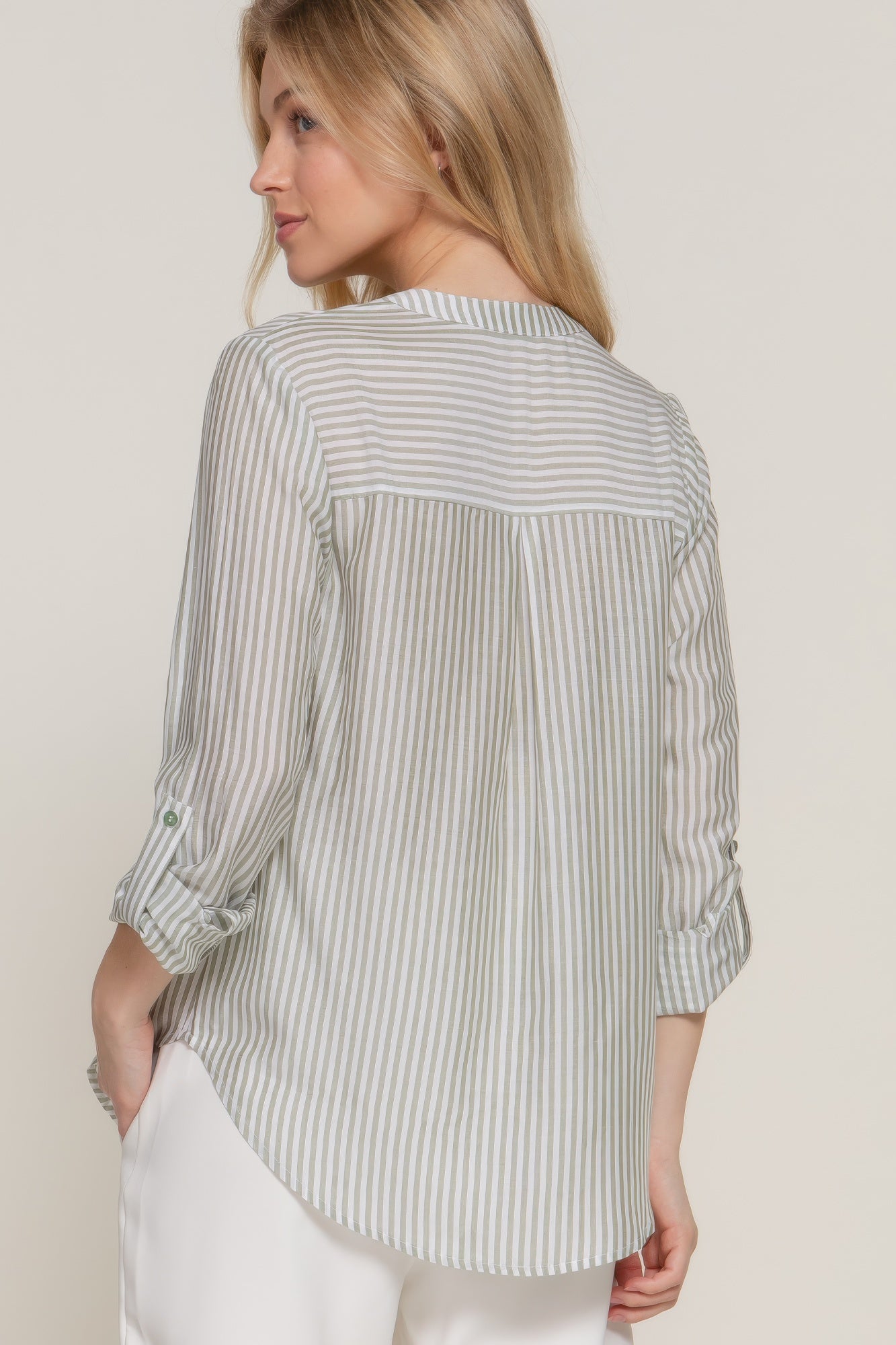 Long Slv Split Round Neck Stripe Woven Shirt-Product Type | Naughty Smile Fashion