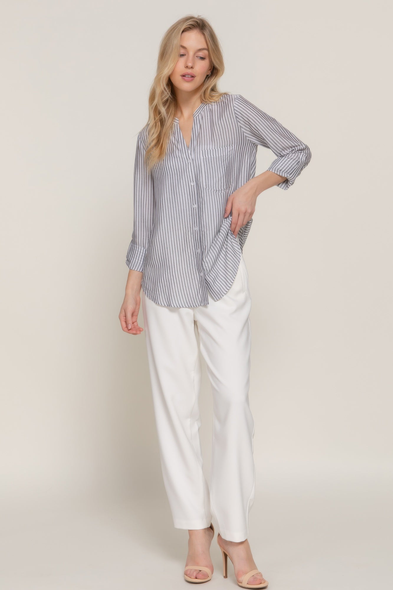 Long Slv Split Round Neck Stripe Woven Shirt-Product Type | Naughty Smile Fashion