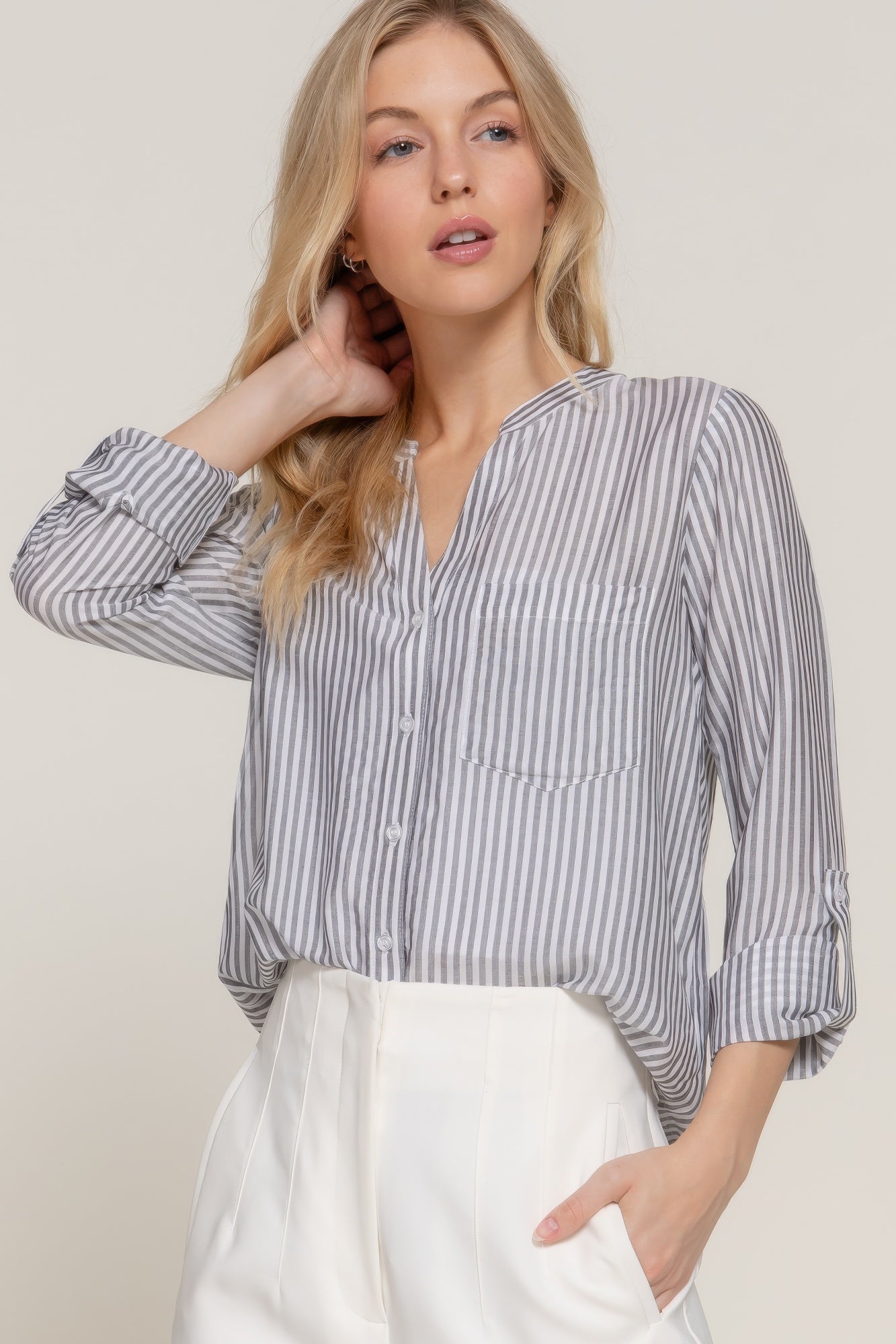 Long Slv Split Round Neck Stripe Woven Shirt-Product Type | Naughty Smile Fashion