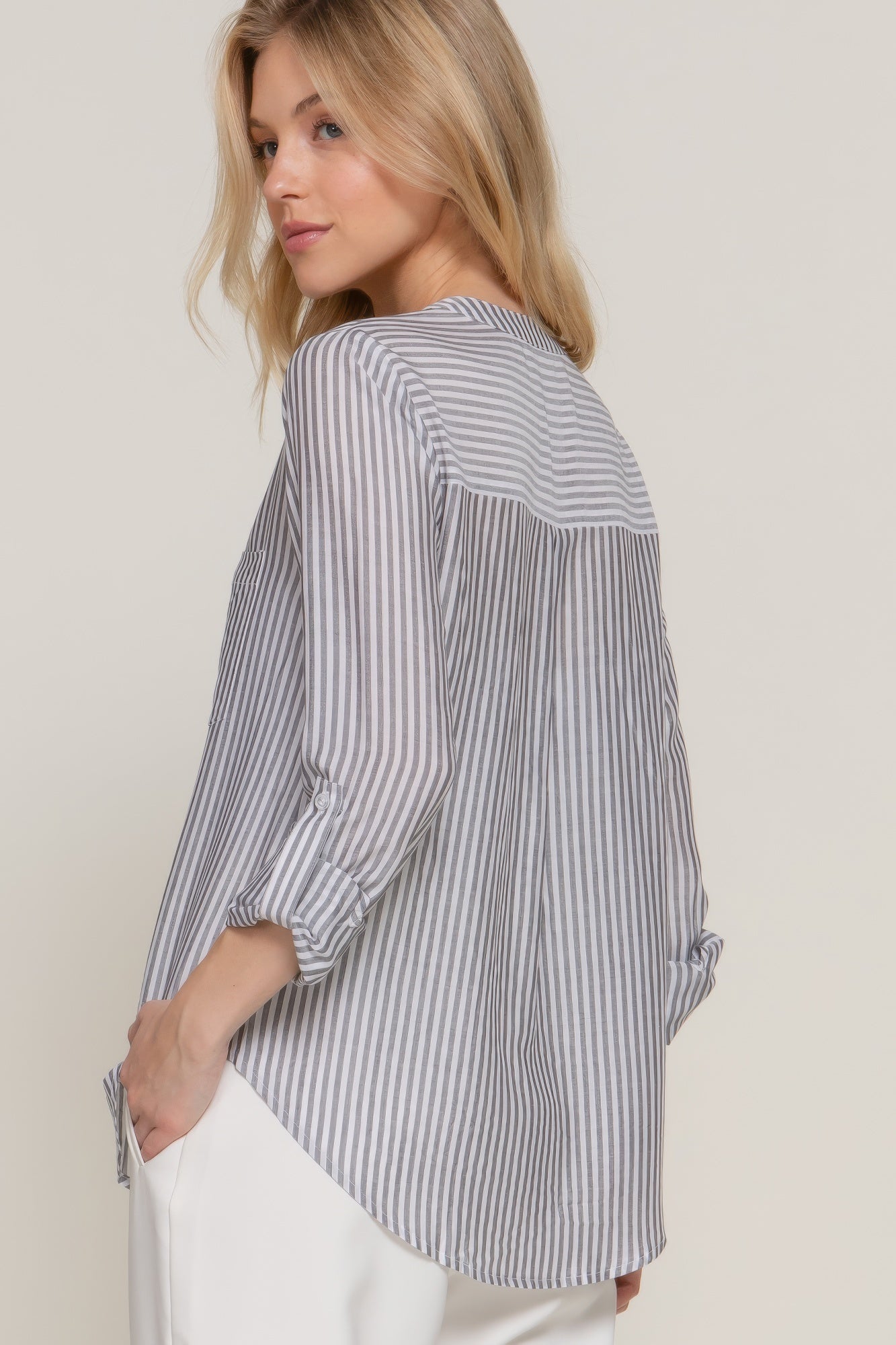 Long Slv Split Round Neck Stripe Woven Shirt-Product Type | Naughty Smile Fashion