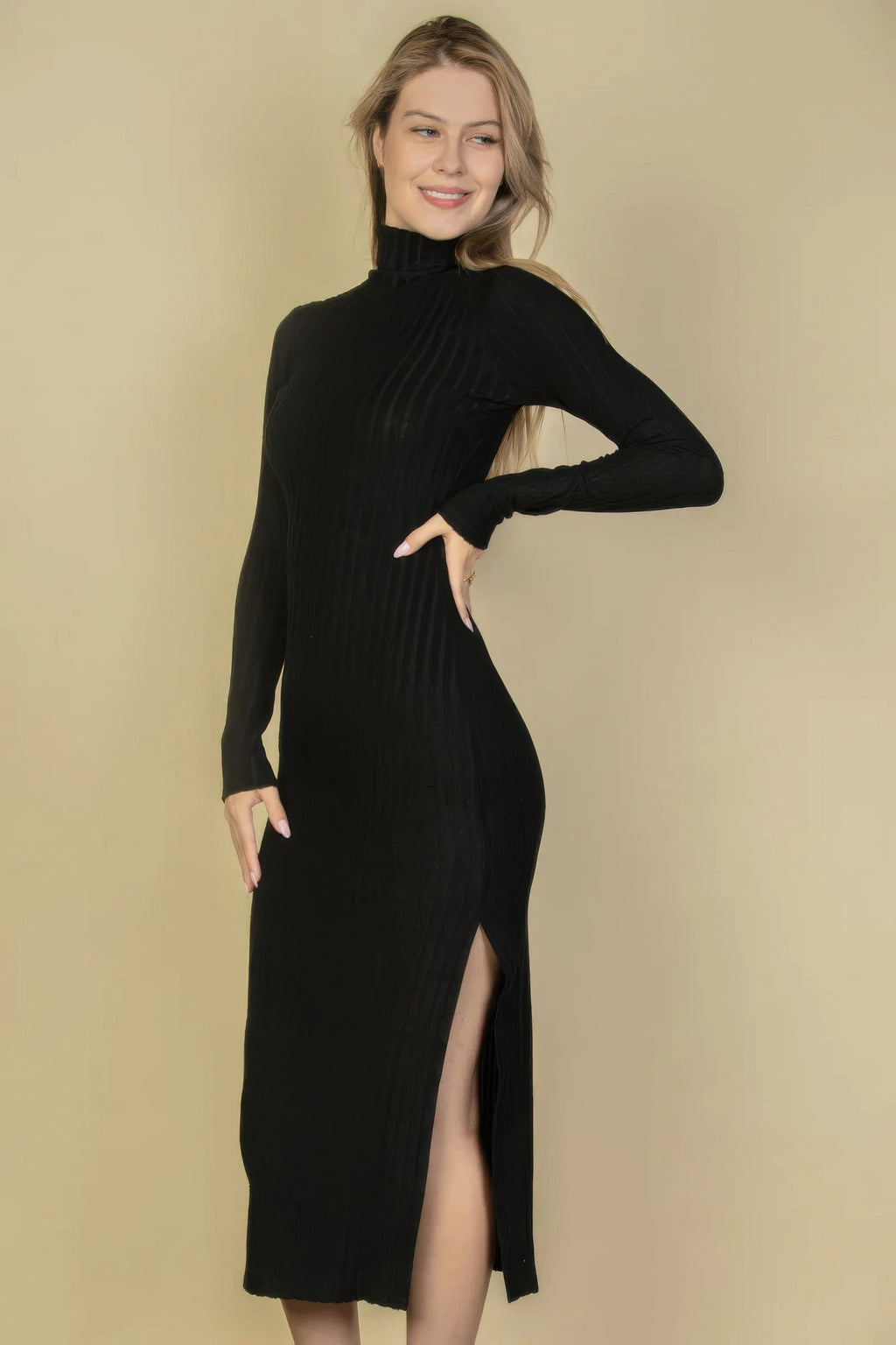Sweater-knit Fuzzy Turtle Neck Split Thigh Dress-Product Type | Naughty Smile Fashion
