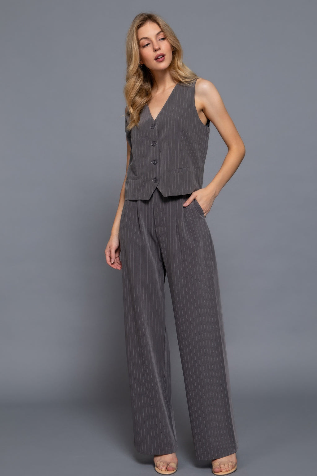 V-neckline Pin Stripe Woven Vest-Product Type | Naughty Smile Fashion