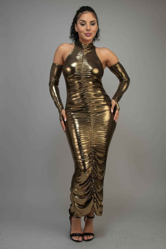 New Arrival – Metallic Ruched Dress With Sleeves – New Arrival Now Live
