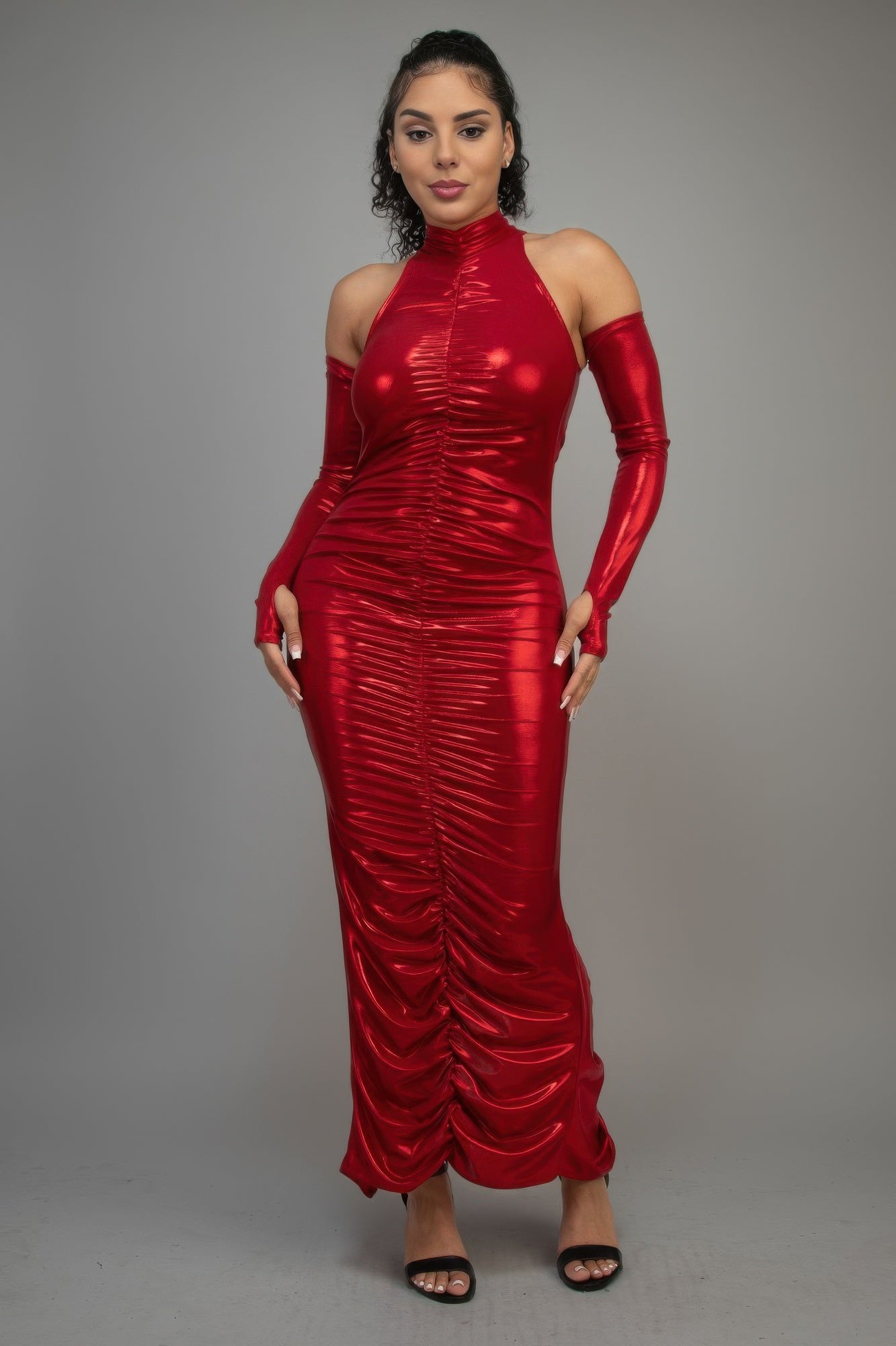 Metallic Ruched Dress With Sleeves-Product Type | Naughty Smile Fashion