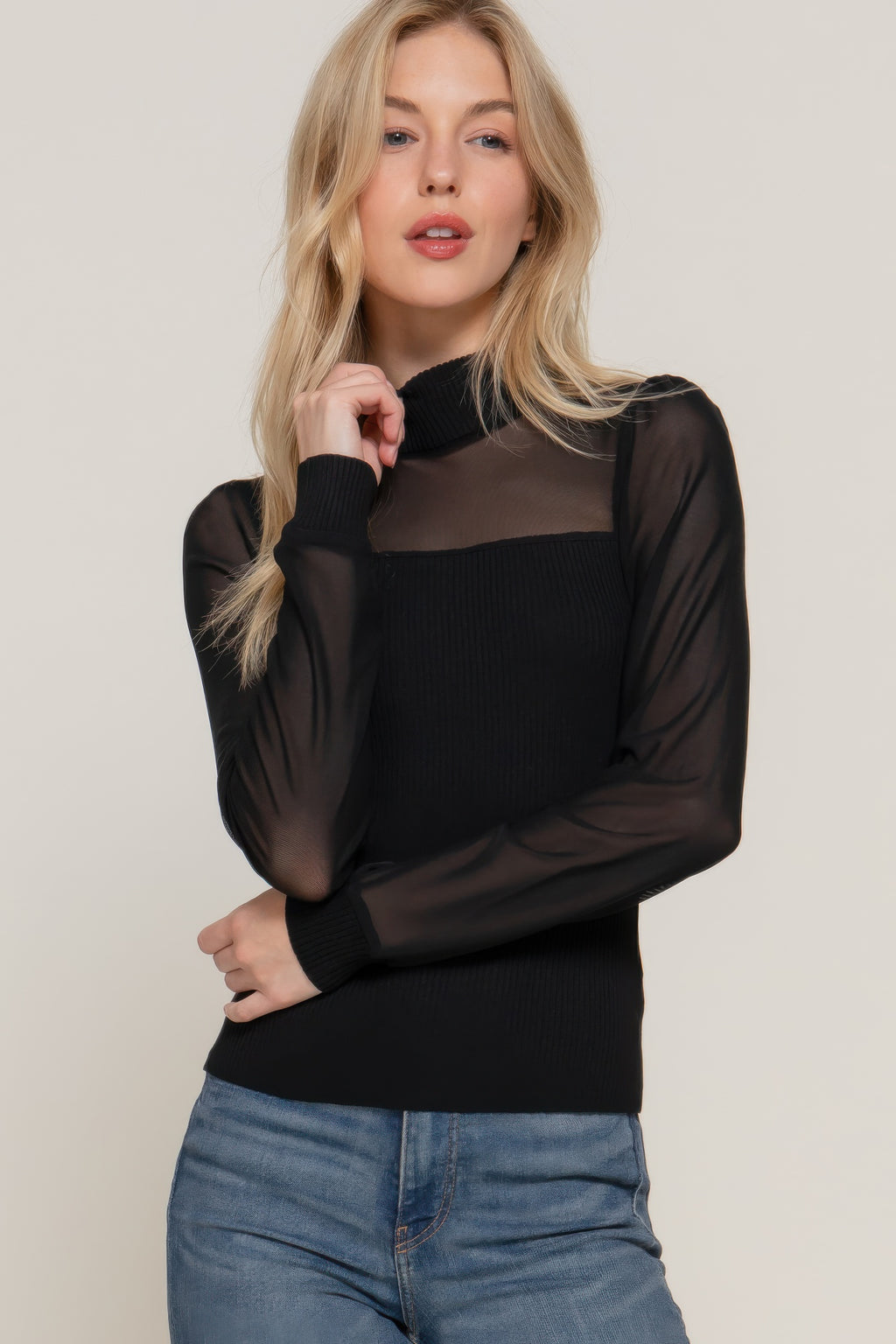 Long Slv Mesh Panel Detail Sweater Top-Product Type | Naughty Smile Fashion