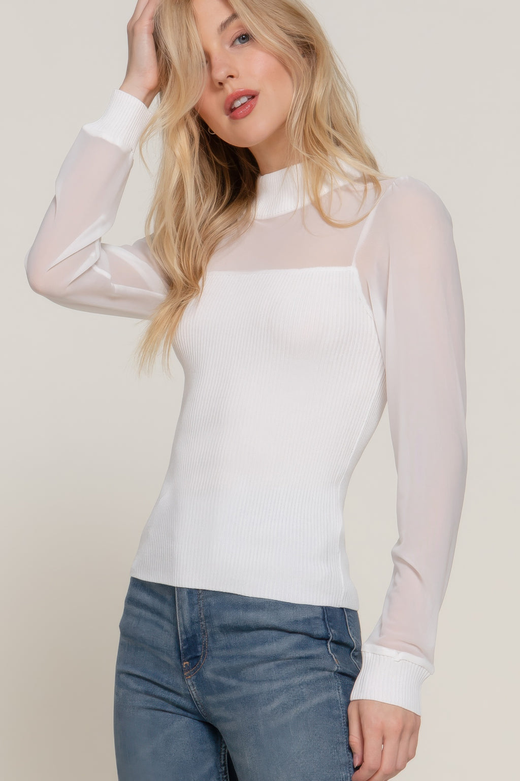 Long Slv Mesh Panel Detail Sweater Top-Product Type | Naughty Smile Fashion