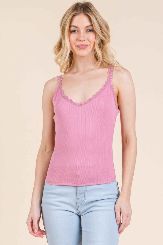 New Arrival – Ribbed V-neck Lace Trim With Strap Tank Top – New Arrival Now Live