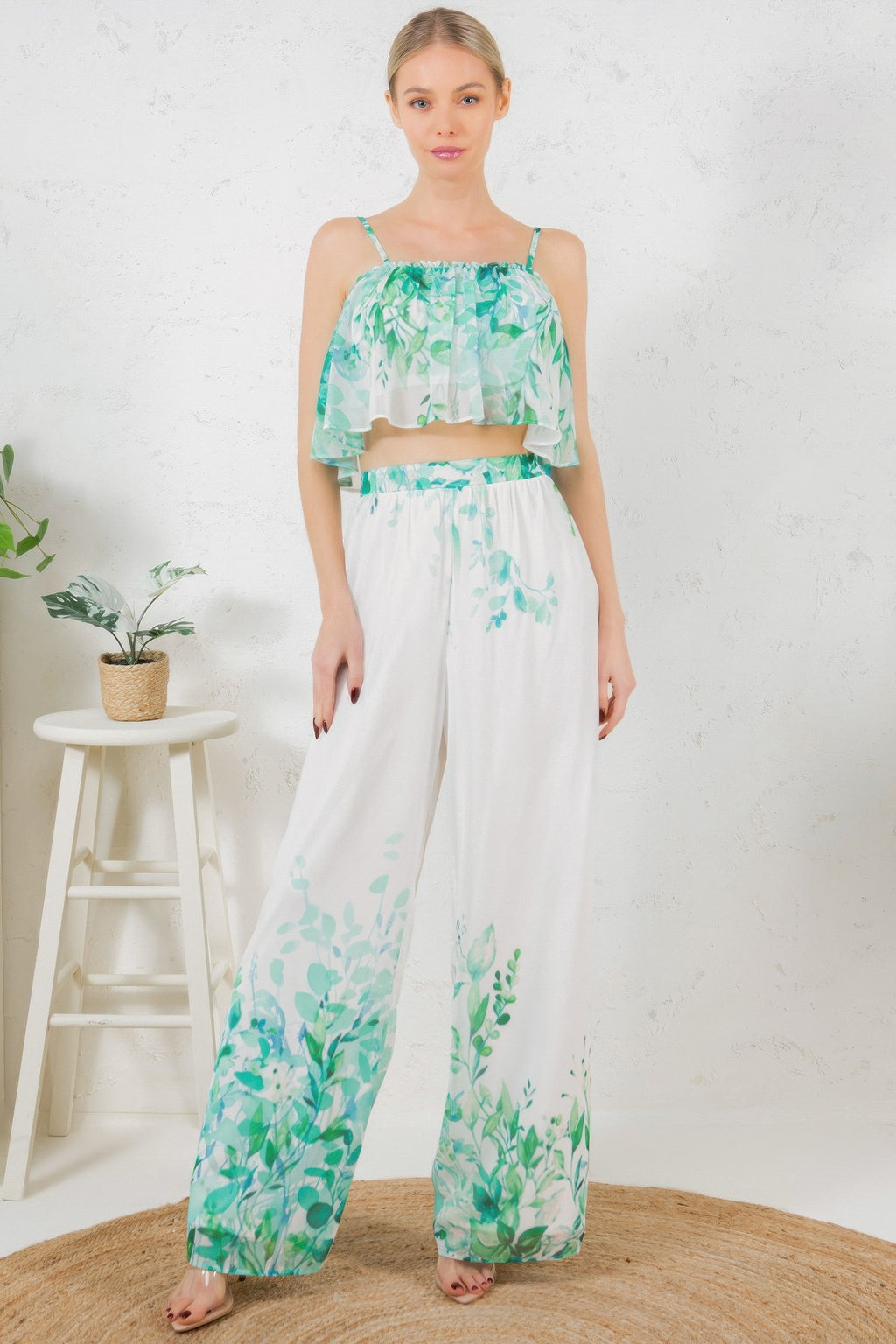 Printed Crop Top & Wide Leg Long Pants Set-Product Type | Naughty Smile Fashion