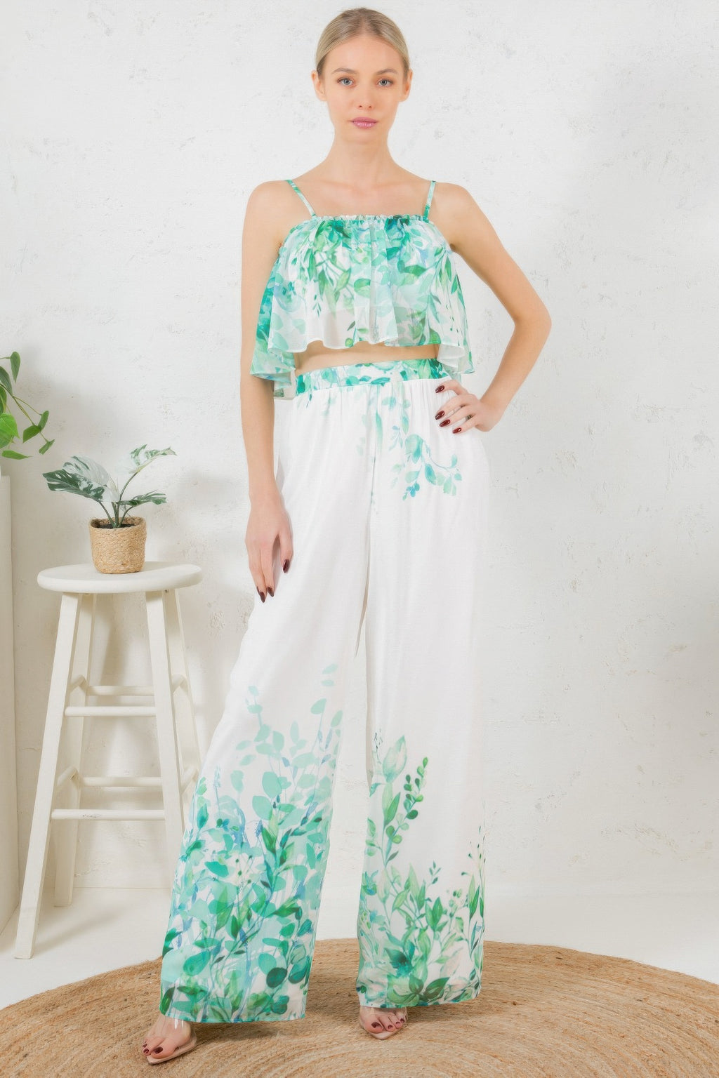Printed Crop Top & Wide Leg Long Pants Set-Product Type | Naughty Smile Fashion