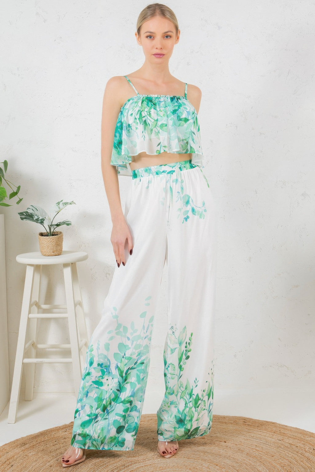 Printed Crop Top & Wide Leg Long Pants Set-Product Type | Naughty Smile Fashion