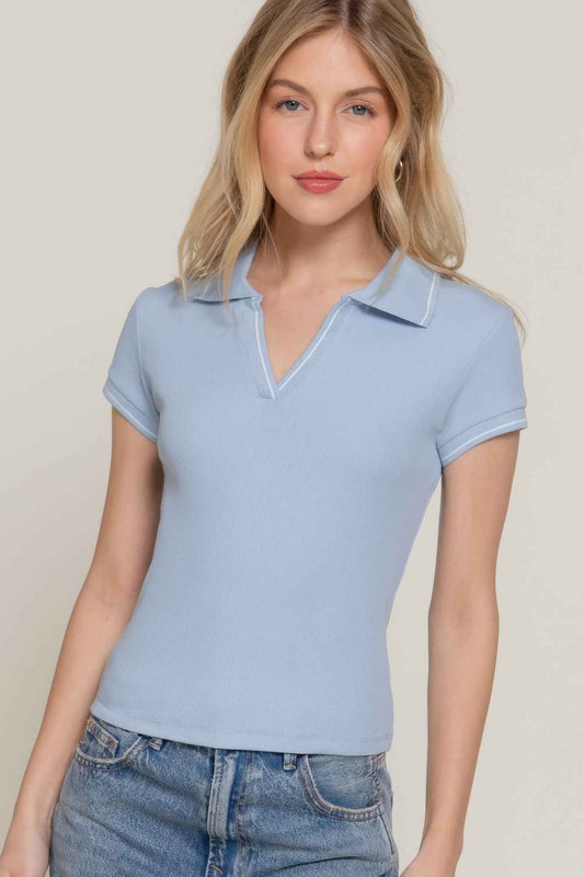 New Arrival – Short Slv Line Detail Polo Rib Knit Top – New Arrival Now Live