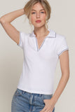 Short Slv Line Detail Polo Rib Knit Top