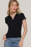 Short Slv Line Detail Polo Rib Knit Top