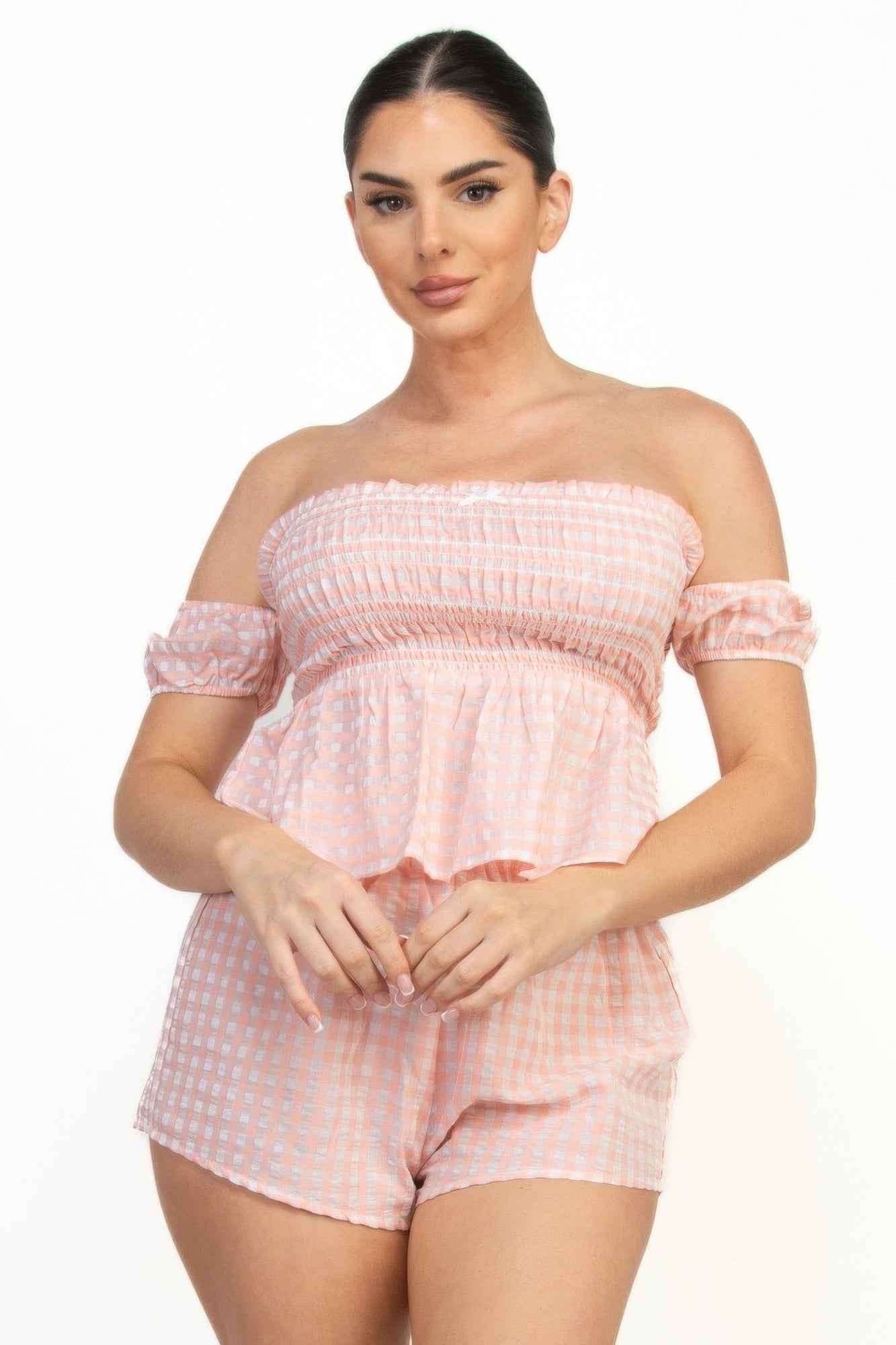 New Arrival – Off-shoulder Smock Gingham Top & Mini Short Sets – New Arrival Now Live