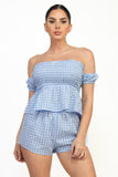 Off-shoulder Smock Gingham Top & Mini Short Sets