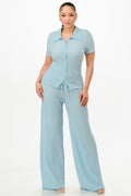 Textured Polo Top And Pants Set-Product Type | Naughty Smile Fashion