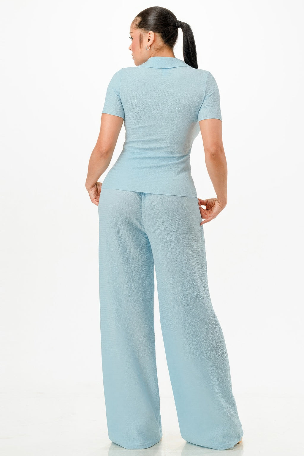 Textured Polo Top And Pants Set-Product Type | Naughty Smile Fashion