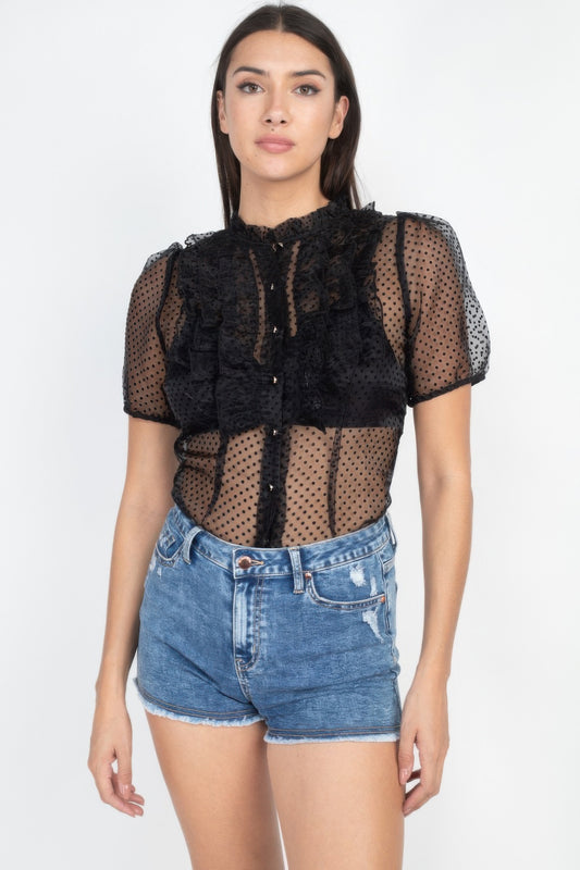 New Arrival – Sheer Ruffle-trim Dot Top – New Arrival Now Live