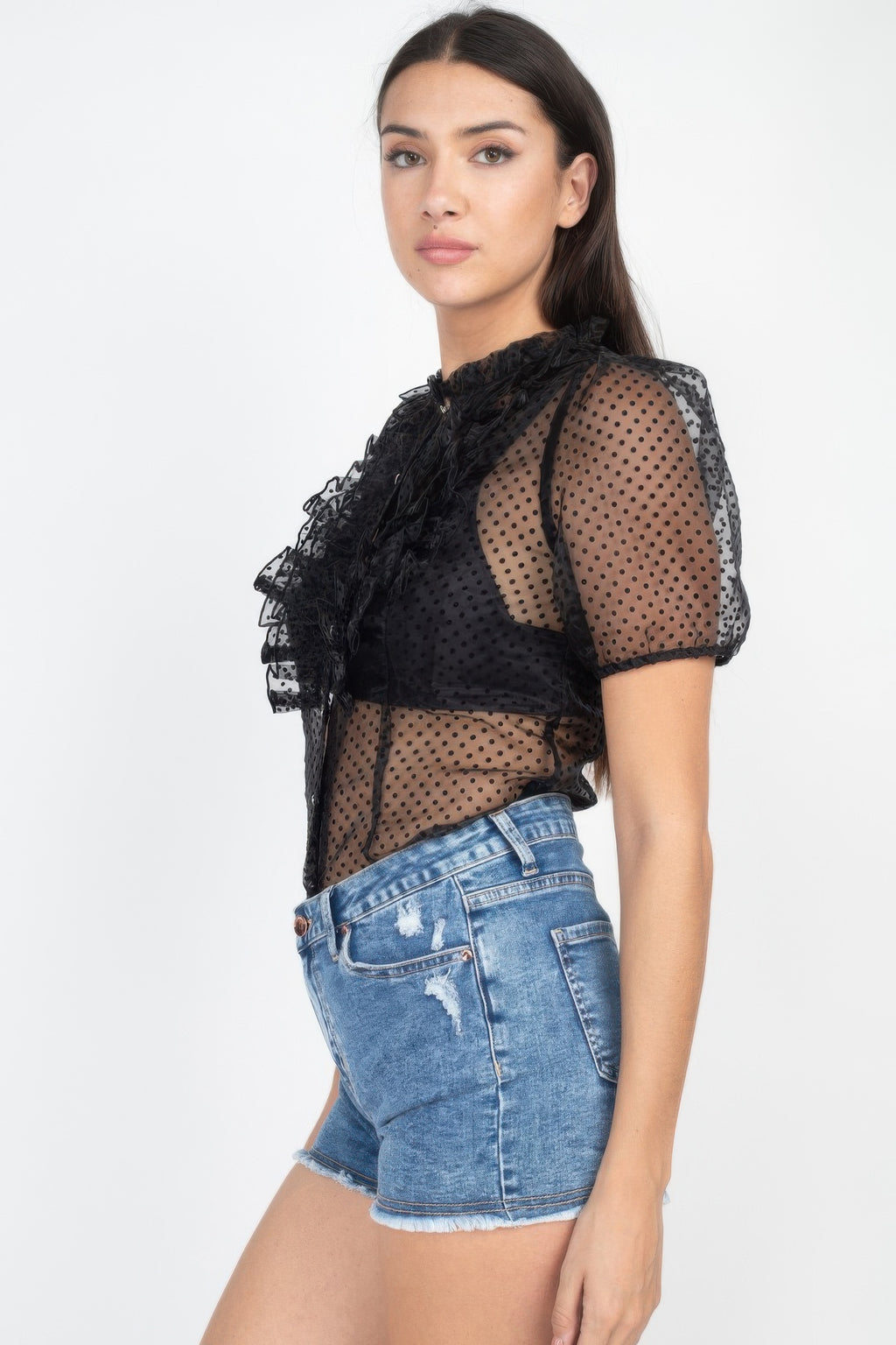 Sheer Ruffle-trim Dot Top-Product Type | Naughty Smile Fashion
