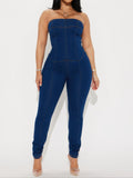 Strapless Denim Jumpsuit With Lace Up Back