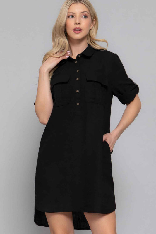 New Arrival – Roll Up Short Slv Straight Linen Effect Mini Dress – New Arrival Now Live
