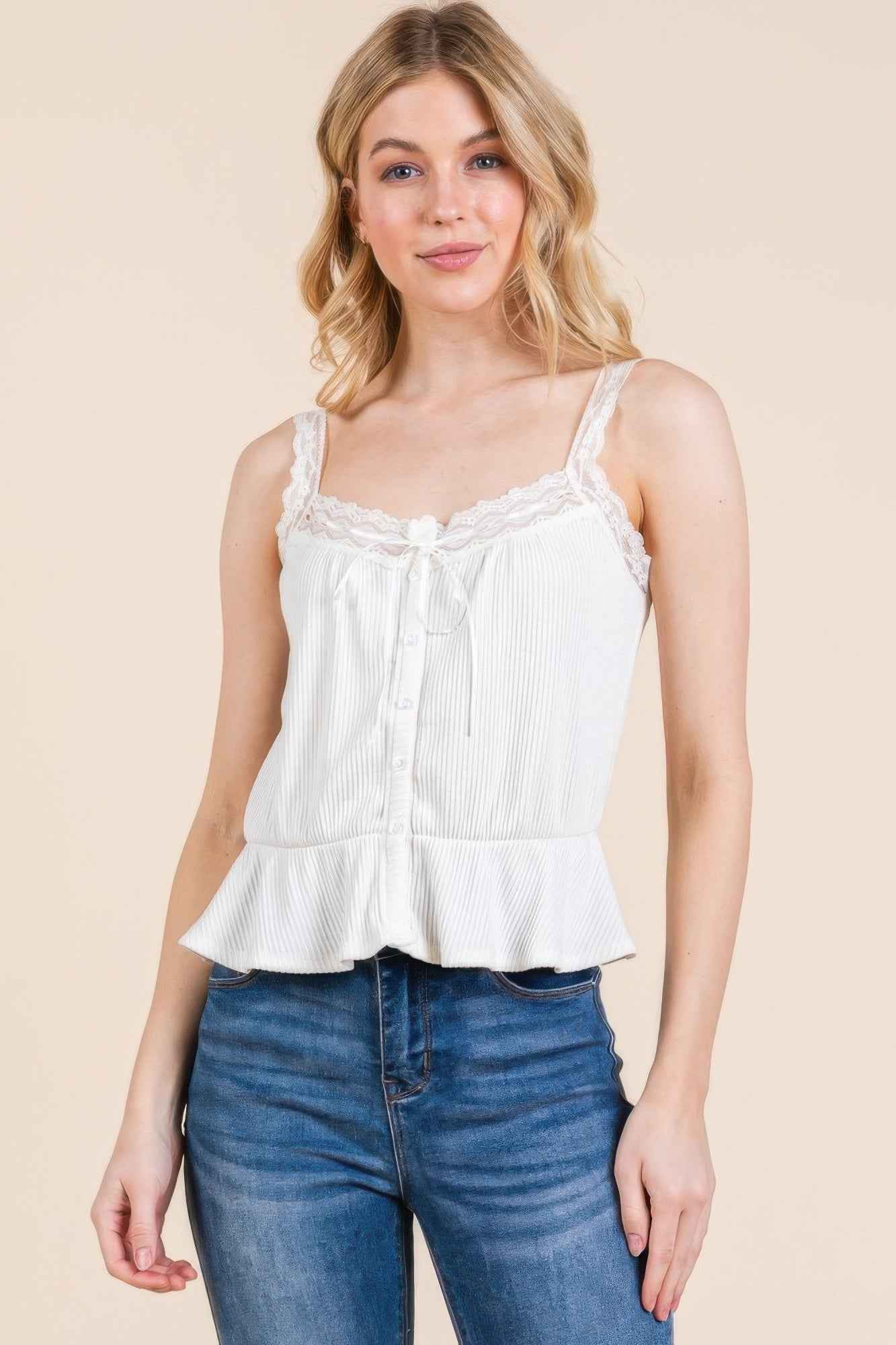 New Arrival – Lace Peplum Tie Front Ribbed Cami Top – New Arrival Now Live