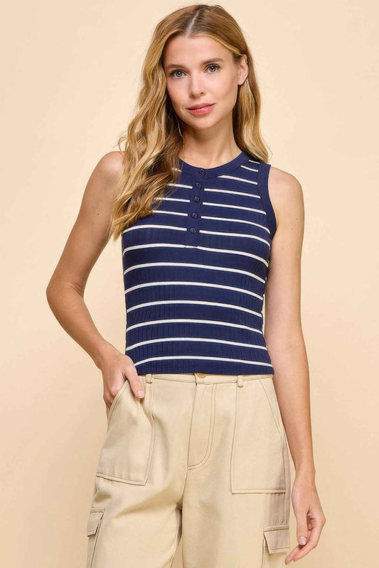 New Arrival – Button Detail Contrast Binding Stripe Tank Top – New Arrival Now Live