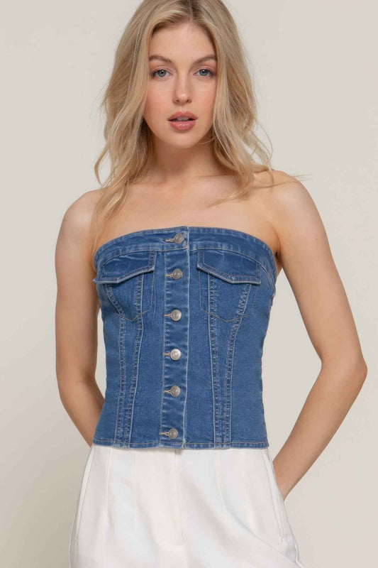 New Arrival – Button Down Placket Stretch Denim Tube Top – New Arrival Now Live