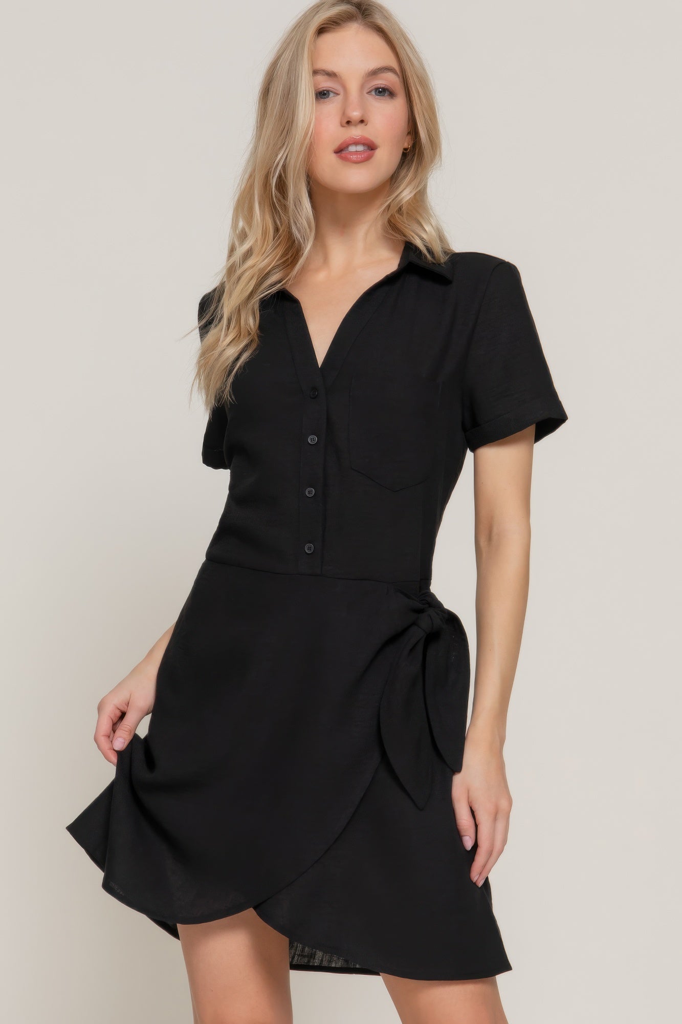 Button Down Side Bow Linen Effect Mini Dress-Product Type | Naughty Smile Fashion