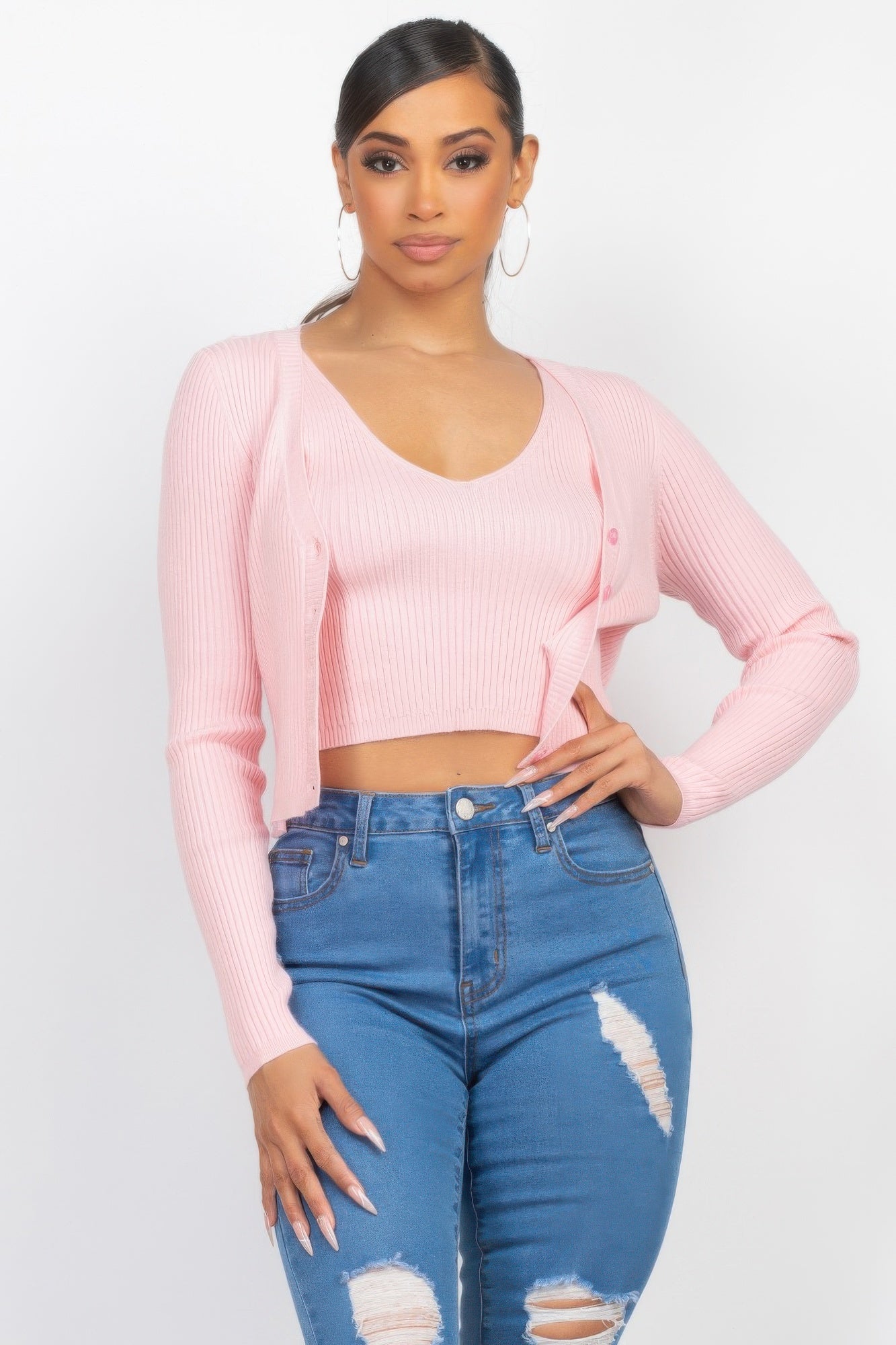 Crop Tank Top & Cardigan Sweater Set-Product Type | Naughty Smile Fashion