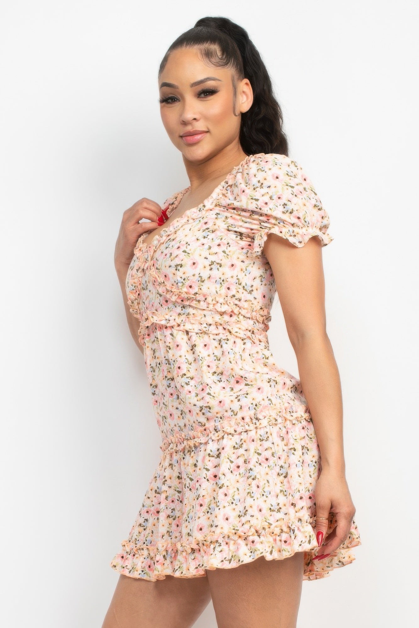 Ruffled Floral Puff Sleeve Dress-Product Type | Naughty Smile Fashion