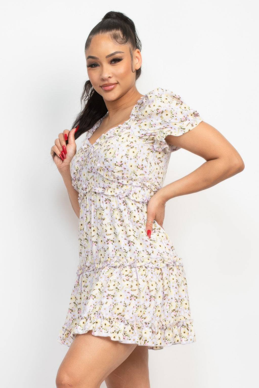 Ruffled Floral Puff Sleeve Dress-Product Type | Naughty Smile Fashion